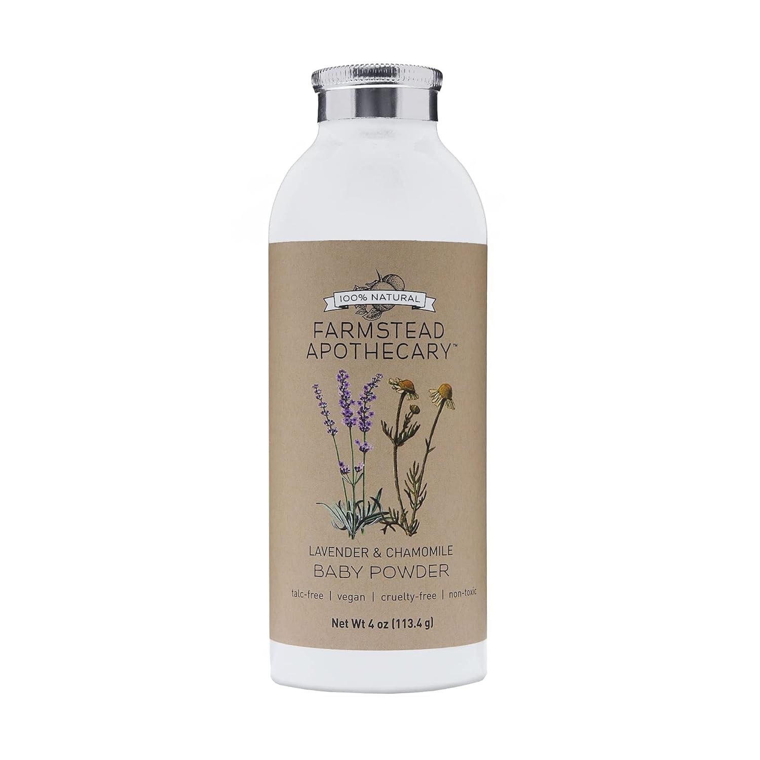 Farmstead Apothecary 100% Natural Baby Powder (Talc-Free) with Organic Tapioca Starch, Organic Chamomile Flowers, Organic Calendula Flowers, Lavender & Chamomile 4 oz