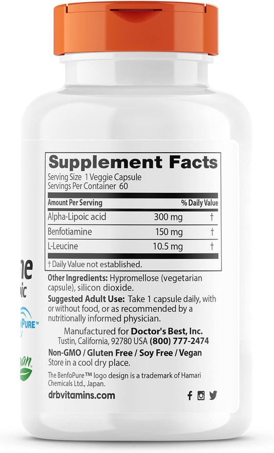 Doctor'S Best Benfotiamine 150 + Alpha-Lipoic Acid 300, Non-Gmo, Vegan, Gluten Free, Promotes Healthy Blood Sugar, 60 Veggie Caps