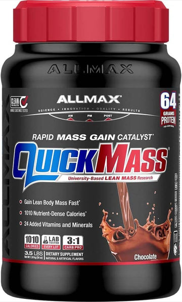 Allmax Quickmass, Chocolate - 3.5 Lb - Rapid Mass Gain Catalyst - Up To 64 Grams Of Protein Per Serving - 3:1 Carb To Protein Ratio - Zero Trans Fat - Up To 24 Servings