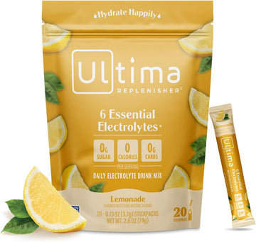 Ultima Replenisher Daily Electrolyte Drink Mix – Lemonade, 20 Stickpacks – Hydration Packets With 6 Key Electrolytes & Trace Minerals – Keto Friendly, Vegan, Non-Gmo & Sugar-Free Electrolyte Powder