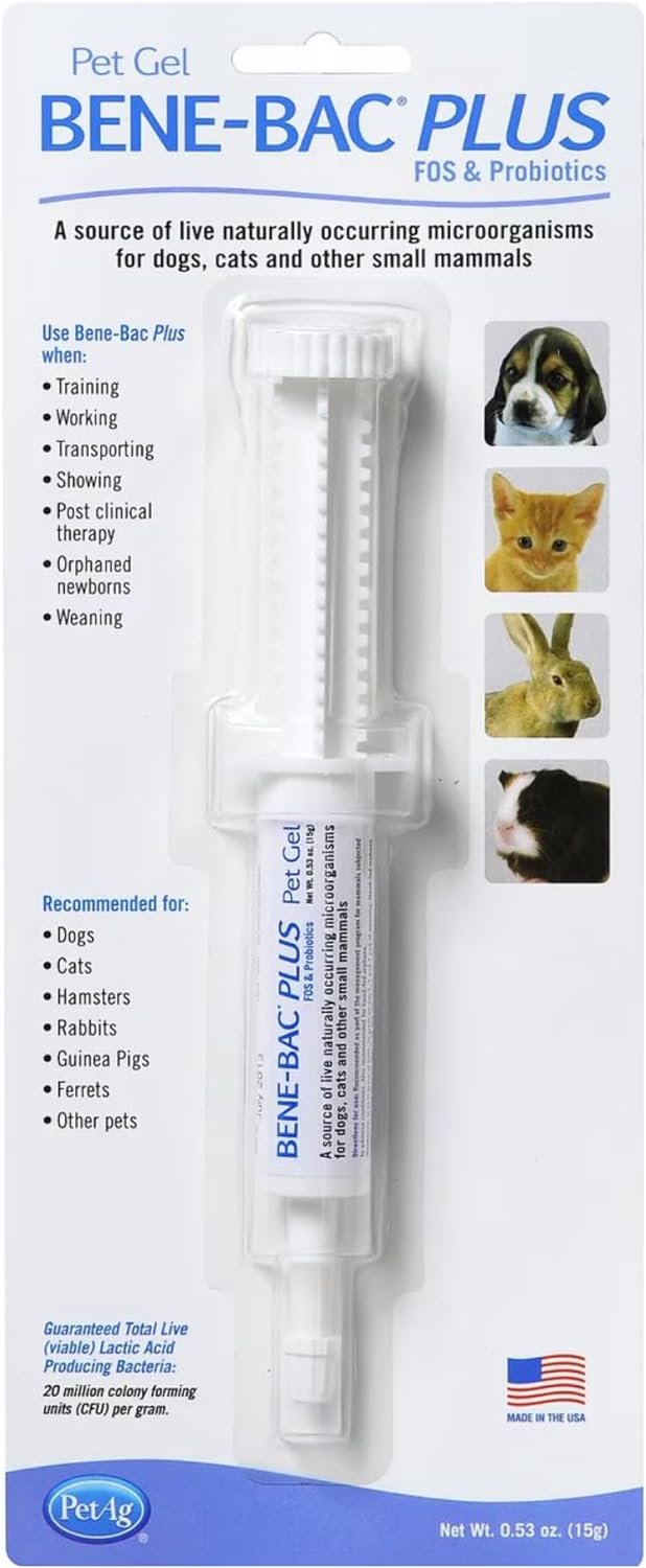 Pet-Ag Bene-Bac Plus Pet Gel - 15 g Syringe - FOS & Probiotics for Dogs, Cats, Exotic & Wildlife Mammals