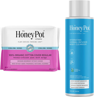 The Honey Pot Company - Regular Pads & Coconut Shea Body Cleanser Bundle - Herbal Inused Sanitary Pads For Women - Hydrating Body Wash To Moisturize & Cleanse Skin - Feminine Care - Fsa & Hsa