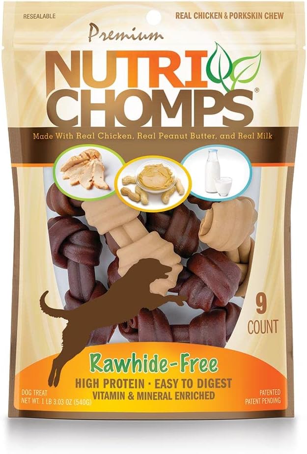 Nutrichomps Dog Chews, 4-Inch Knots, Easy To Digest, Rawhide-Free Dog Treats, 9 Count, Real Chicken, Peanut Butter And Milk Flavor