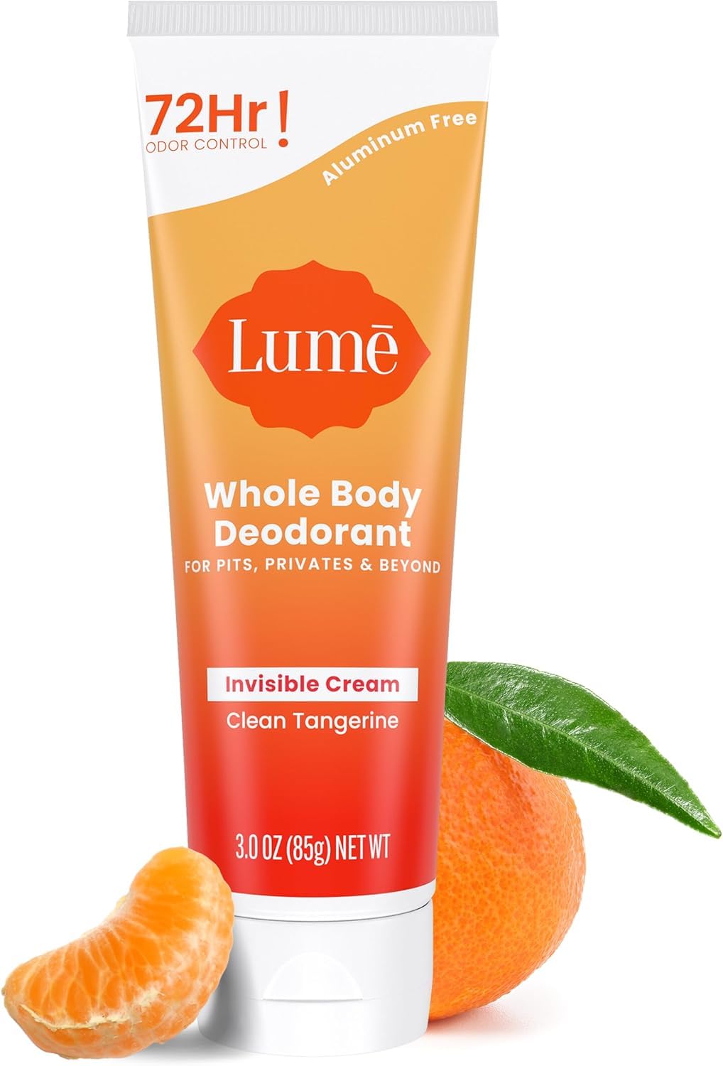 Lume Whole Body Deodorant - Invisible Cream Tube - 72 Hour Odor Control - Aluminum Free, Baking Soda Free, Skin Safe - 3.0 Ounce (Clean Tangerine)