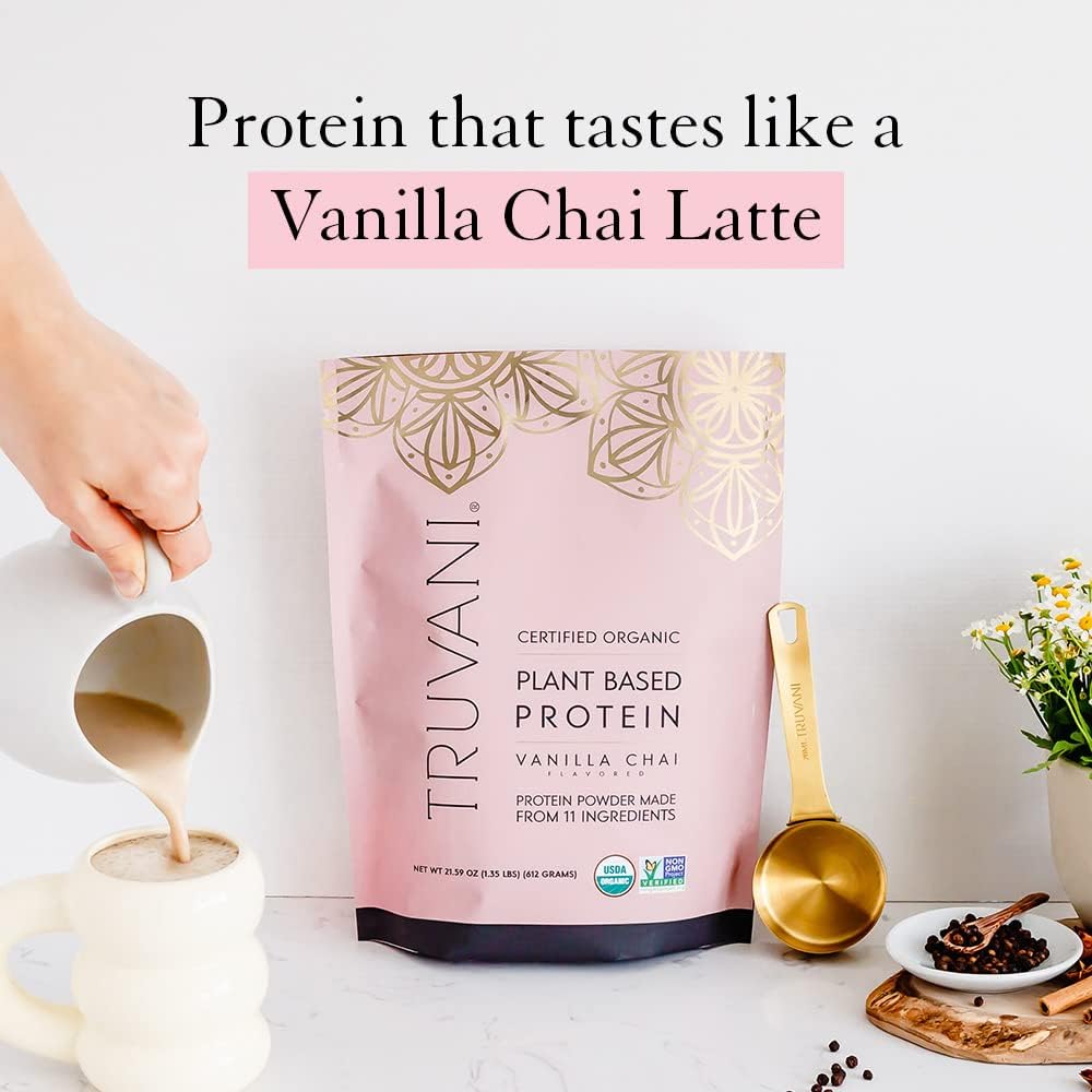 Truvani Vegan Vanilla Chai Protein Powder with Frother & Scoop Bundle - 20g of Organic Plant Based Protein Powder - Includes Portable Mini Electric Whisk & Durable Protein Powder Scoop : Health & Household