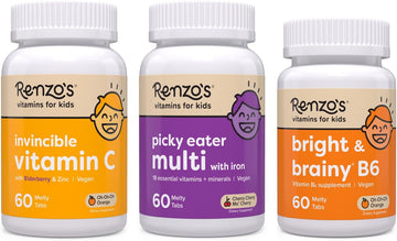 Renzo's Vitamins Back to School Bundle - Bright & Brainy Vitamin B6, Picky Eater Kids Multivitamin, and Kids Vitamin C with Elderberry & Zinc for Immune Support