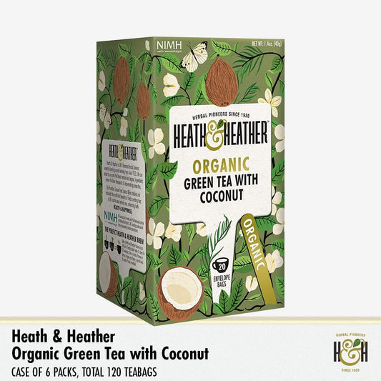 Heath & Heather Organic Green Tea With Coconut (6 Packs Of 20, Total 120) Individually Wrapped Herbal Tea Infusions