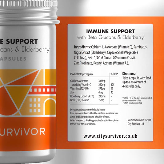 City Survivor Immune Support - Elderberry, Beta Glucans, Vitamin A, Vitamin C & Zinc - 30 Capsules