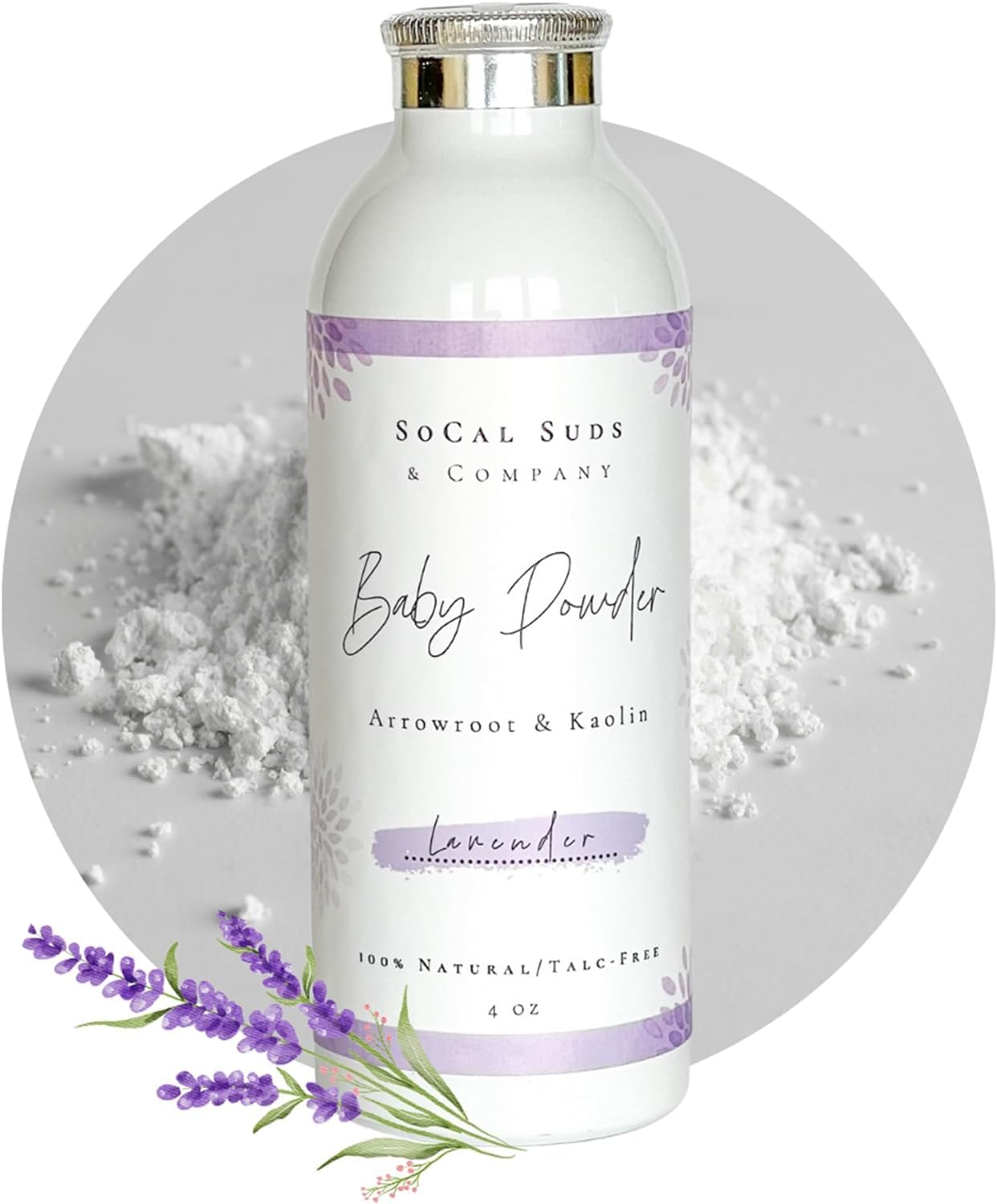 SoCal Suds & Company - Natural & Organic Baby Powder Talc-Free - with Arrowroot Powder, Kaolin, Aspen Bark Extract for Soft Soothing Protected Sensitive Skin - Gentle Absorption - Lavender, 4oz