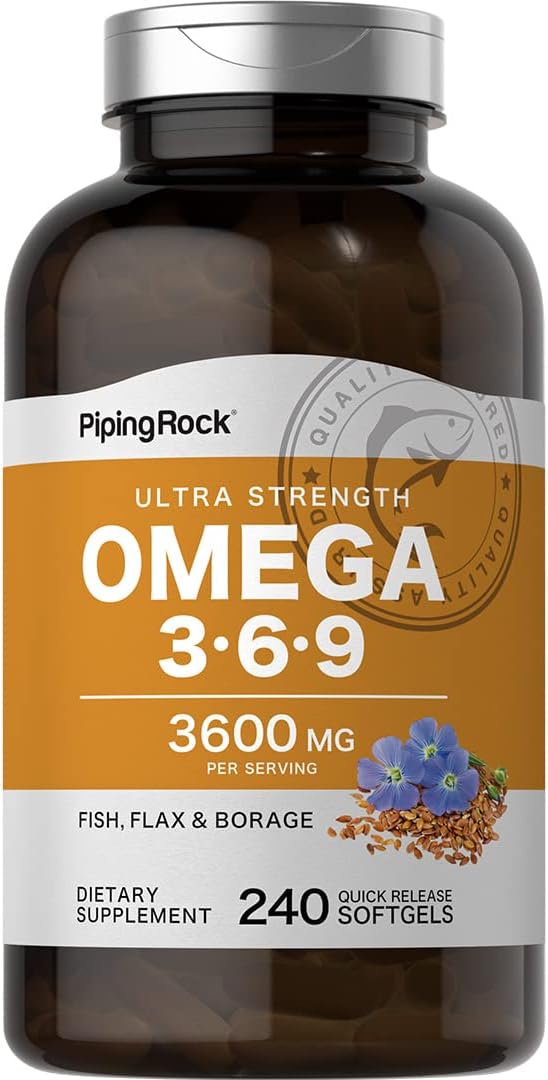 Piping Rock Omega 3 6 9 Supplements | 3600mg | 240 Softgel Capsules | Fish Flax Borage | Ultra Strength | Non-GMO, Gluten Free