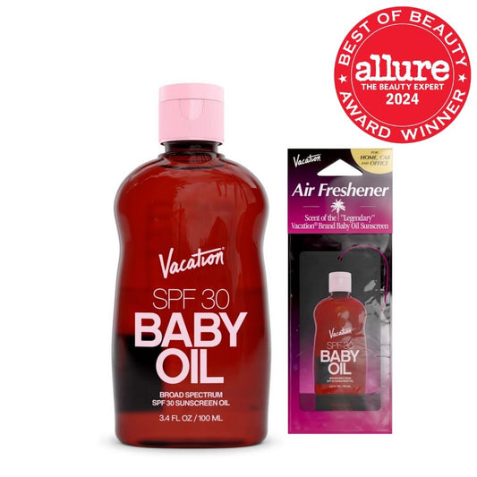 Vacation Baby Oil Spf 30 & Air Freshener Bundle, Hydrating & Nourishing, Mineral-Oil Free, Lightweight Formula, Transparent On All Skin Tones, Travel Size Sunscreen, 3.4 Fl. Oz