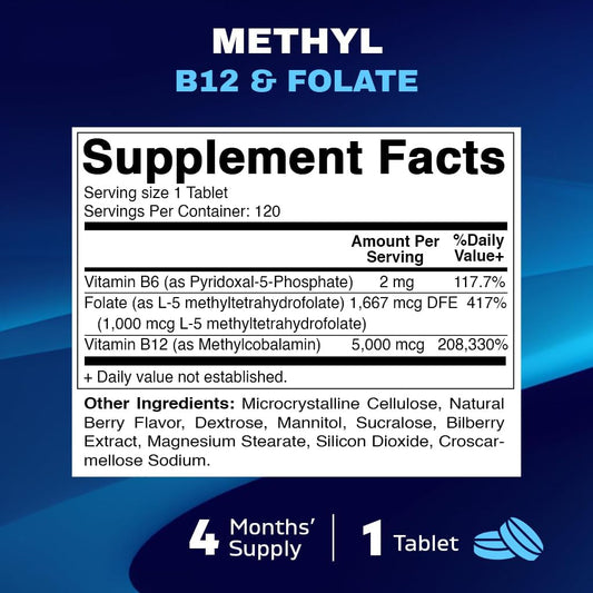 Vitamatic Methyl Folate & B12 Supplement with Pyridoxal 5 Phosphate (P-5-P) - Promotes Cardiovascular Health & Energy Metabolism - 120 Fast Dissolve Tablets - Non GMO & Gluten Free