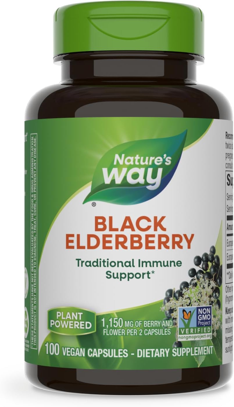 Nature'S Way Black Elderberry Supplement, Traditional Immune Support*, With Elderberry And Elderflower, Plant Powered, 100 Capsules (Packaging May Vary)