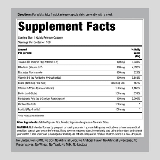 Piping Rock Vitamin B-100 Complex | 100 Capsules | Vitamins B12, B1, B2, B6 | Non-GMO, Gluten Free Supplement