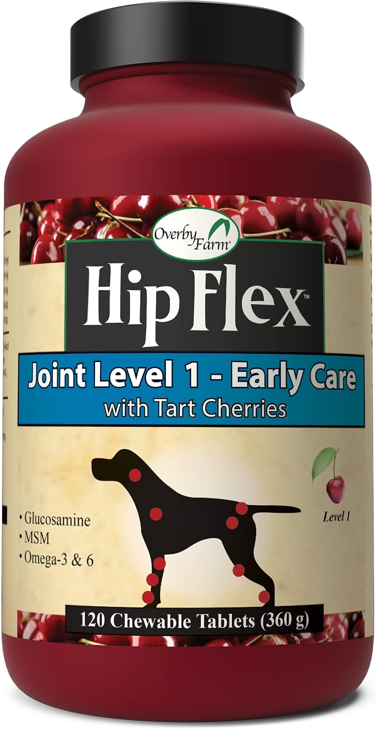 NaturVet Overby Farm Hip Flex Joint Level 1 Early Care Hip & Joint Dog Supplement – for Healthy Cartilage, Joints – Includes Tart Cherries, Glucosamine, MSM, Chondroitin – 120 Ct