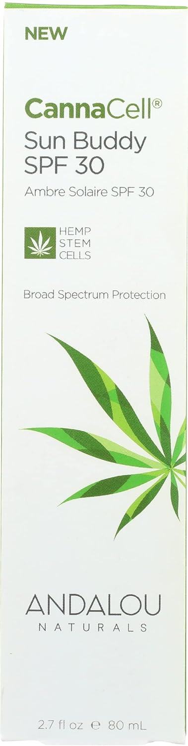 Andalou Naturals Face Sunscreen, CannaCell Sun Buddy SPF 30 with Hemp Stem Cells, Moisturizing Facial Lotion, Broad Spectrum Protection with Non-Nano Zinc Oxide, Reef Safe Sunscreen, 2.7 Fl Oz