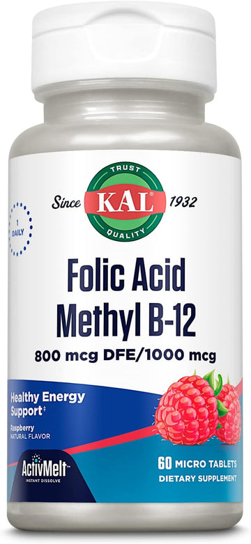 Kal 800 Mcg Folic Acid Methyl B-12 Tablets, Raspberry, 60 Count