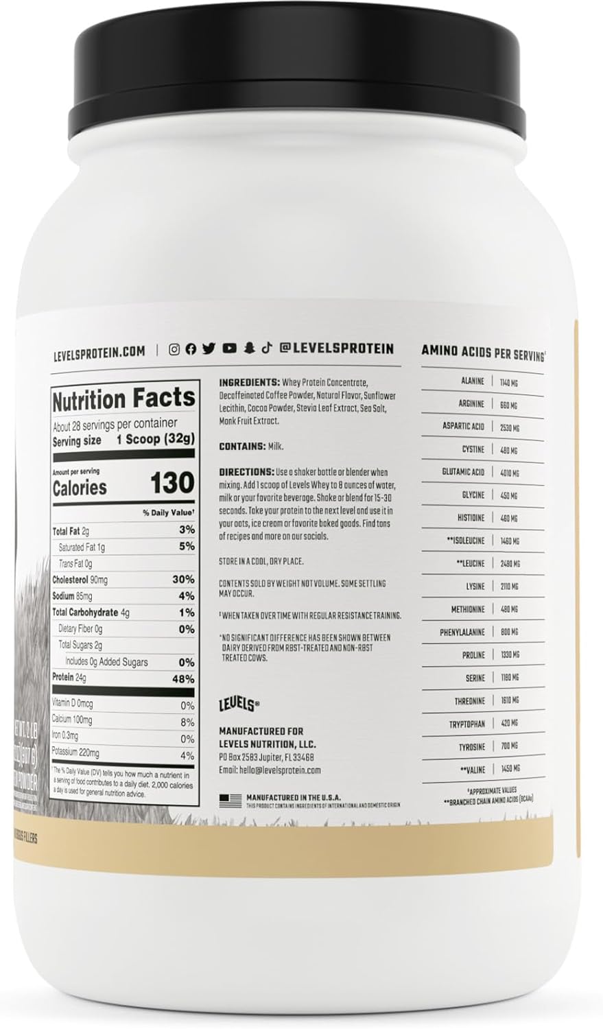 Levels Grass Fed 100% Whey Protein, No Hormones, Cappuccino, 2LB : Health & Household