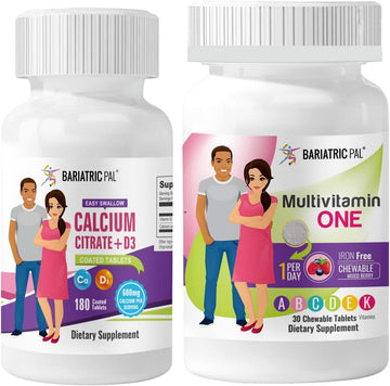 BariatricPal 30-Day Bariatric Vitamin Bundle Multivitamin ONE 1 per Day! Iron-Free Chewable - Mixed Berry Easy Swallow Calcium Citrate (600mg) and D3 Coated Tablets