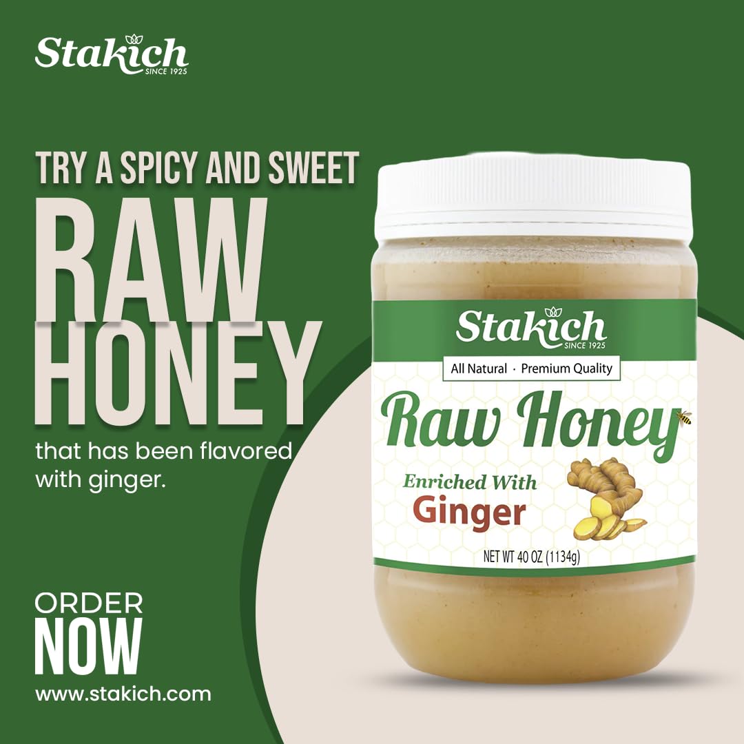 Stakich Ginger Enriched Raw Honey - Pure, Unprocessed, Unheated - 5 Lb (80 Oz) : Grocery & Gourmet Food