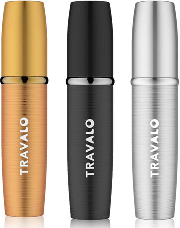 Travalo Lux Perfume Atomizer Bundle - Leak-Proof And Tsa Approved For Air Travel - Reusable, Easy Fill Mini Pump Sprayer - Lightweight, Brushed Polished Metal - Gold, Black, Silver - 3 Pack