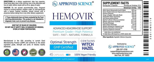 Approved Science Hemovir - Hemorrhoid Support Supplement - 45 Capsules - Stops Itching and Optimizes Blood Flow, Restores Damaged Skin Tissue - Vegan, Non GMO, Made in The USA