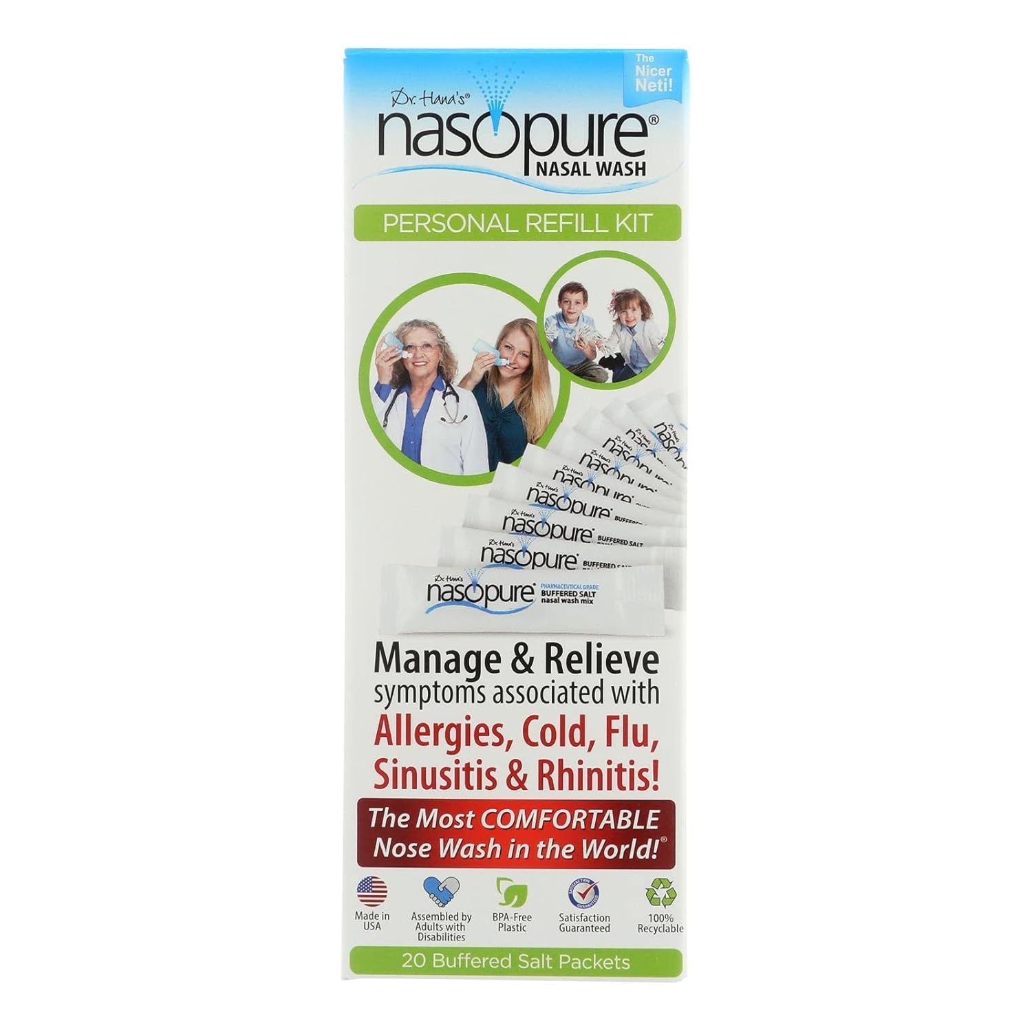 Nasopure Nasal Wash, Personal Refill Kit, “The Nicer Neti Pot” Sinus Wash Kit, Comfortable Nasal Rinse 20 Salt Packets (3.75 Grams Each), Nasal Congestion, Cold, Flu, Allergy, Nasal Irrigation System
