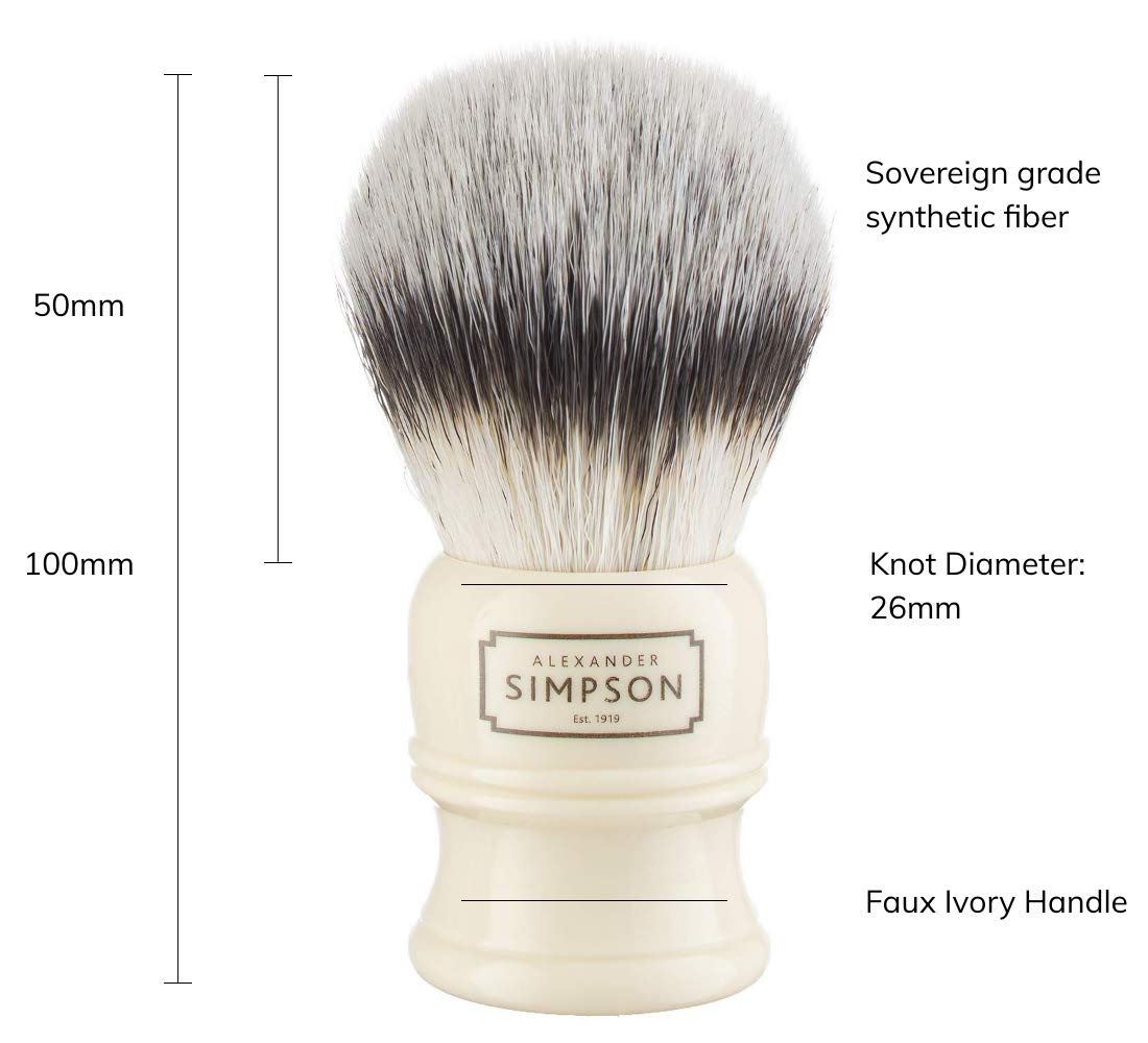 Alexander Simpsons Trafalgar 2 Shaving Brush - T2 Synthetic High Density Fibre Faux Handle Ivory - Simpson Shaving Brushes - Wet Shave Deluxe Thick & Luxurious Lather Dense Extra Soft Bristles