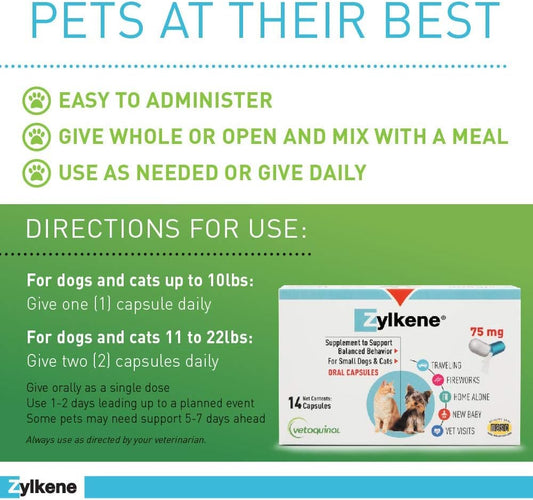 Vetoquinol Zylkene Calming Support Supplement for Small Dogs and Cats, Helps Promote Relaxation and Reduce External Stress Factors, Daily Behavioral Support and Anxiety Relief for Dogs and Cats, 75mg
