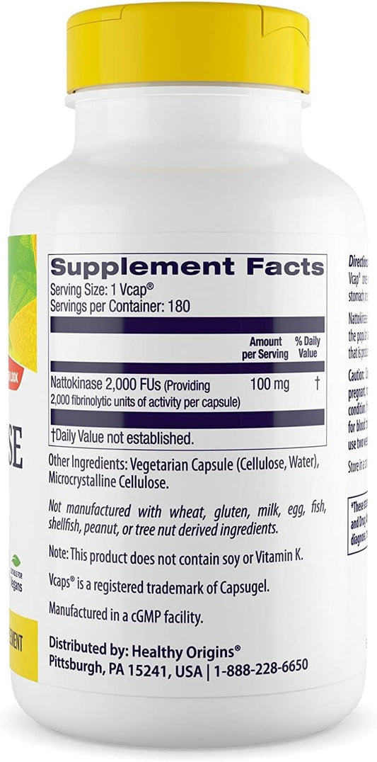 Healthy Origins Nattokinase 2,000 FUs, 100 mg - Nattokinase Supplement - Soy-Free, Vegan, Non-GMO & Gluten-Free Nattokinase - 180 Veggie Capsules