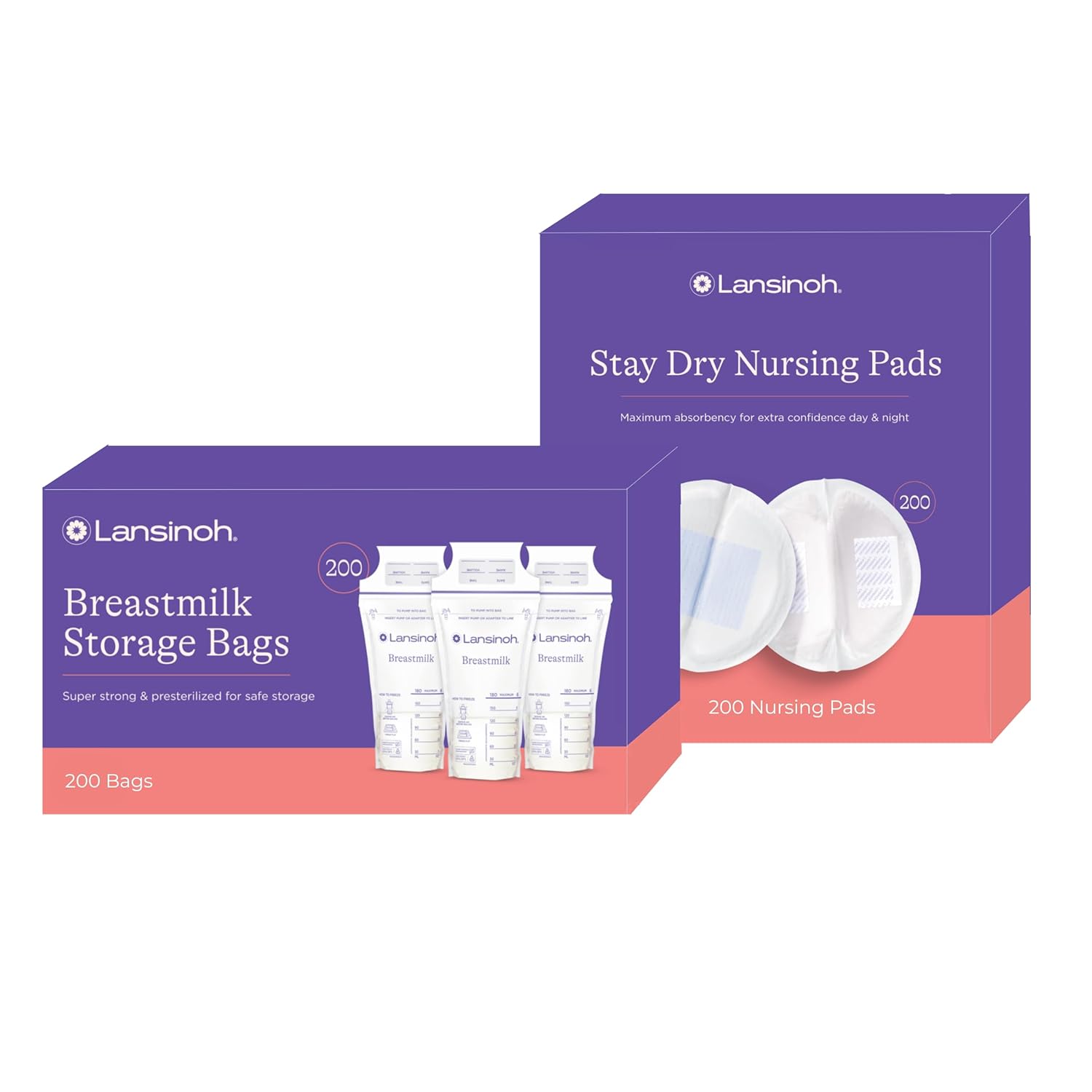 Lansinoh Breastmilk Storage Bags, 200 Count, Breast Milk Storage Bags For Feeding, Baby Essentials, 6 Oz. + Lansinoh Stay Dry Disposable Nursing Pads, Soft And Super Absorbent Breast Pads, 200 Count