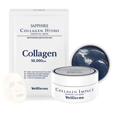 Wellderma Collagen Impact Sapphire Eye Mask +Sapphire Collagen Hydro Essential Mask 10 Sheets Skin Brightening, Soothing Calming, Remove Dark Spots, Hyaluronic Acid, Reduce Redness