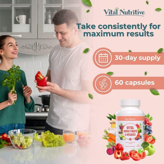Vital Super Fruits & Veggies - Daily Superfood Capsules For Adults - Fruit And Veggies Supplement To Boost Immunity & Energy - 2-In-1 Formula For Overall Wellness - Fruit And Vegetable Capsules