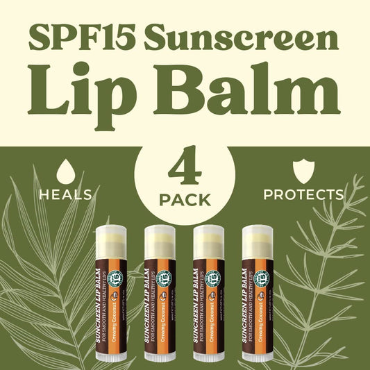 SPF Lip Balm 4-Pack by Earth's Daughter - Lip Sunscreen, SPF 15, Organic Ingredients, Coconut Flavor, Beeswax, Coconut Oil, Vitamin E - Hypoallergenic, Paraben Free, Gluten Free, New