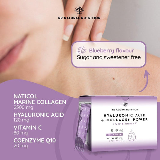 Hyaluronic Acid 120Mg + Collagen 2500Mg + Vitamin C + Coq10. Collagen Supplements For Women. High Dosage. Blueberry Flavour. Reduces Wrinkles, Moisturises And Rejuvenates. N2 Natural Nutrition