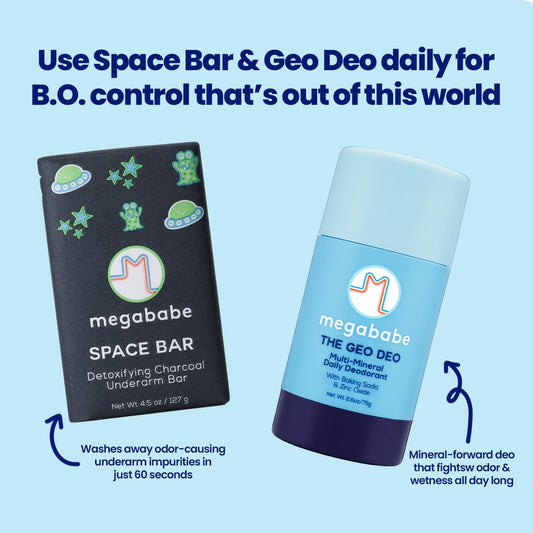 Megababe Underarm 2-Piece Bundle - Geo Deo Daily Deodorant 2.6 Oz & Space Bar Detox Soap 4.5 Oz | Odor Protection, Aluminum Free