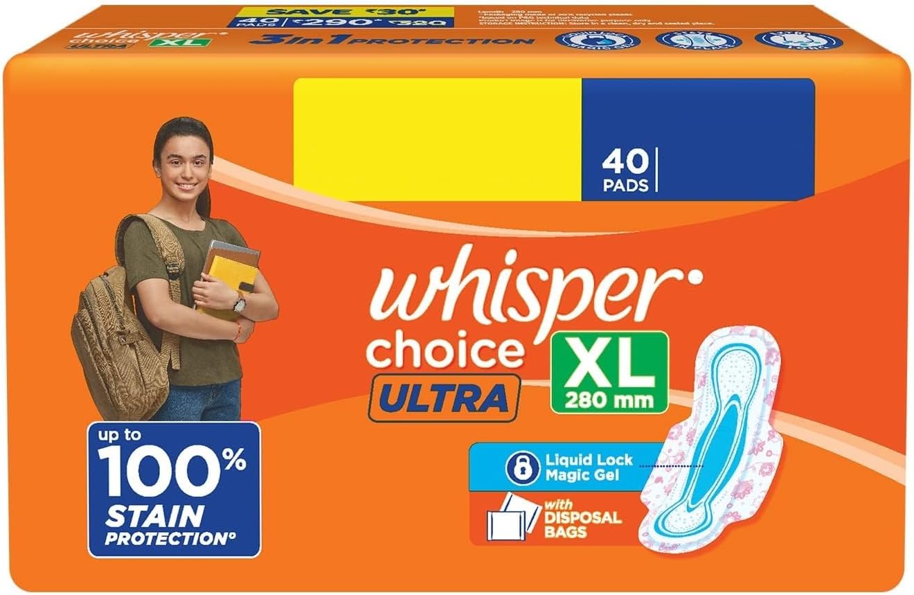 Whisper Choice Sanitary Pads with Wings for Women, XL, 40S Napkins