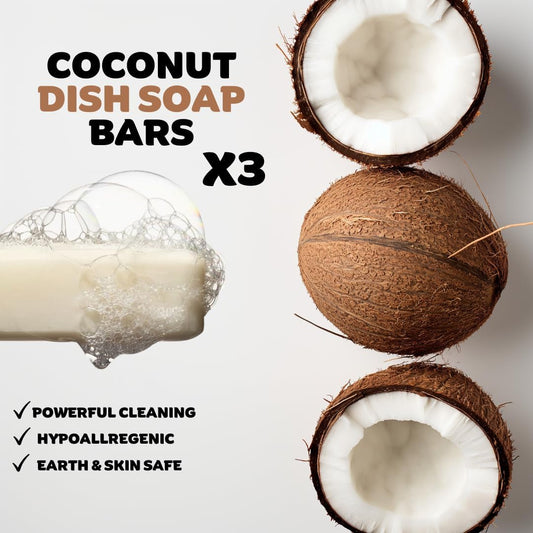 Coconut Dish Soap Bar - Organic, Pack of 3 - (3.8 oz each), Skin-Safe, Non-Toxic, Sustainable Kitchen Soap - Zero Waste