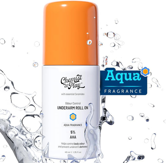 Chemist At Play Underarm Roll-On With 5% Aha, Lactic Acid & 1% Mandelic Acid | Prevents Body Odour, Brightens Skin & Exfoliates Underarm | For Sensitive Skin | Woody Musk Fragrance | Alcohol Free-40Ml