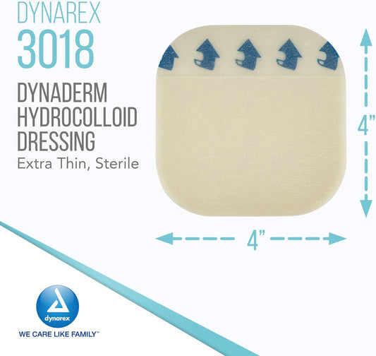 Dynarex Dynaderm Hydrocolloid Dressings, Sterile Moist Bandages Used For All Kinds Of Wounds, 4" X 4", X-Thin & Latex-Free, Peel-Down Patches - 1 Box Of 10 Dressings