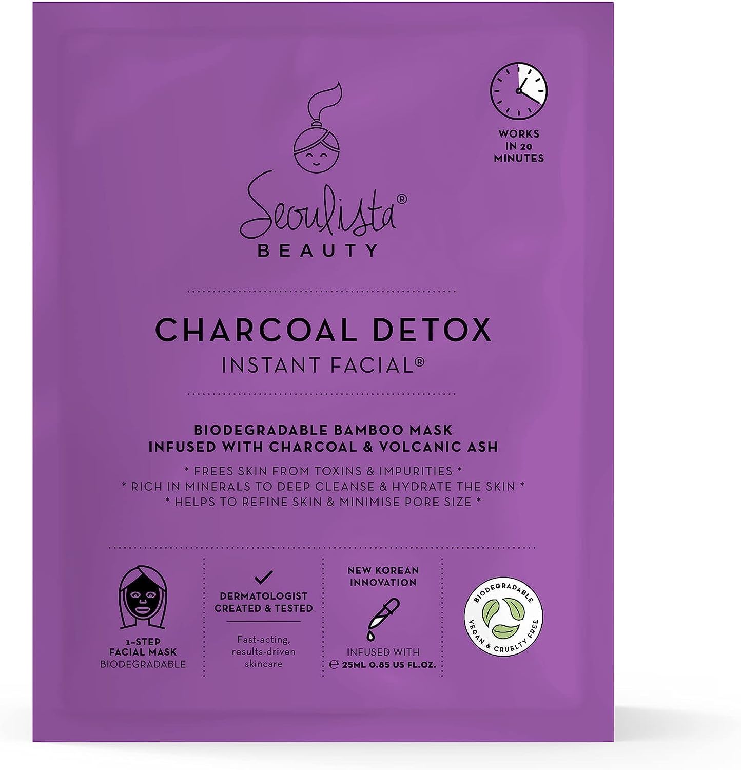 Seoulista Beauty Charcoal Detox Instant Facial – Face Sheet Mask – Dermatologist Created Korean Skin Care