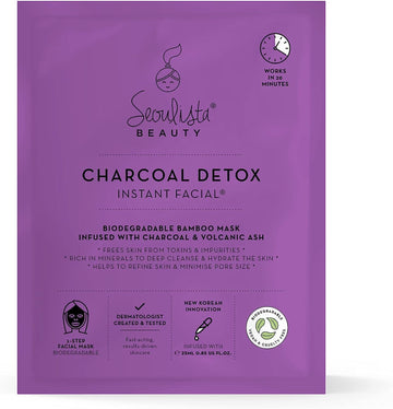 Seoulista Beauty Charcoal Detox Instant Facial – Face Sheet Mask – Dermatologist Created Korean Skin Care (Pack Of 2)
