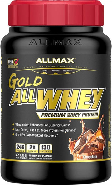 Allmax Gold Allwhey, Chocolate - 2 Lb - 24 Grams Of Protein Per Scoop - Gluten Free, Low Carb & Low Sugar - Approx. 30 Servings