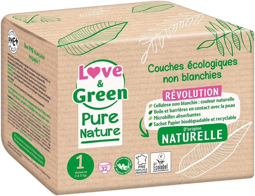 Love & Green Organic Diapers Pure Nature 32 Diapers Size 1 Birth (2 To 5Kg)