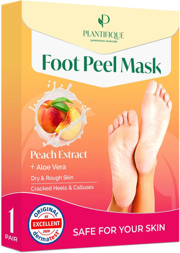 Plantifique Foot Peel Mask – 2 Pairs Exfoliating & Dermatologically Tested Foot Treatment, Removes Dead Skin & Repairs Heels For Soft Feet – Peach Scent, Gift For Women & Men