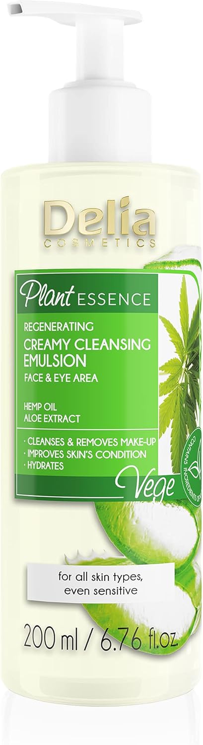 Delia Cosmetics - Plant Essence - Face & Eye Cleansing Emulsion - Creamy Make Up Remover - Vegan Friendly - Natural Ingredients - Aloe Extract - Every Skin Type - Cleanses, Refreshes, Soothes - 200 Ml