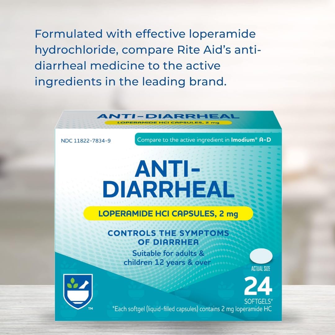 Rite Aid Anti-Diarrheal - 24 Softgels, Loperamide Hydrochloride 2mg, Controls Symptoms of Diarrhea, Including Travelers' Diarrhea, Diarrhea Medication for Adults : Health & Household