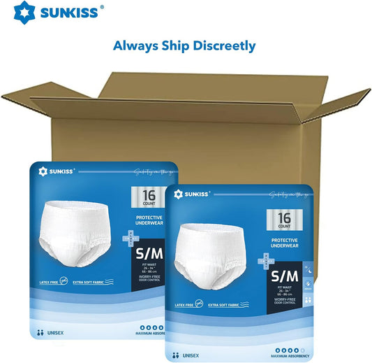 SUNKISS TrustPlus Incontinence and Postpartum Underwear for Men and Women, Disposable Protective Underwear with Maximum Absorbency, Odor Control, Small/Medium, 16 Count