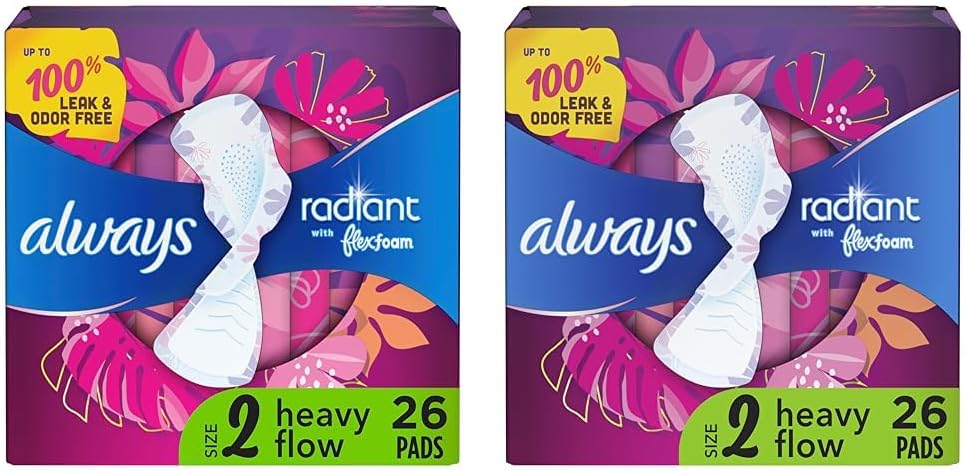 Always Radiant Feminine Pads for Women, Size 2 Heavy Flow Absorbency, with Flexfoam, with Wings, Scented, 26 Count (Pack of 2)