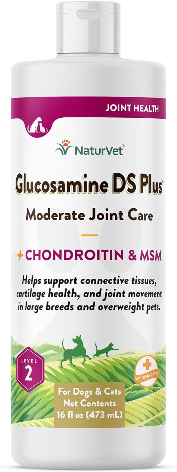 NaturVet Glucosamine DS Plus Hip & Joint Support Liquid Pet Supplement – Level 2 Moderate Care for Dogs & Cats – Includes Glucosamine, MSM, Chondroitin – 16 Oz